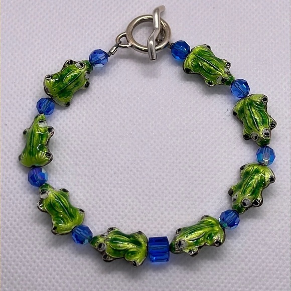 Frog Bracelet Green and Blue 925 Sterling Sliver Toggle Clasp - Picture 9 of 9